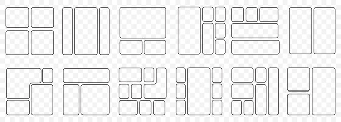 Bento grid abstract layouts with geometric tiles and rounded corners. Modern modular UI design panels, trendy web interface templates, collage frames and infographics. Bento Grid Layout Icon Set –Mod.