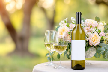 White wine bottle  with blank mockup label and two glasses on a table with pastel flower arrangement with area for text or design