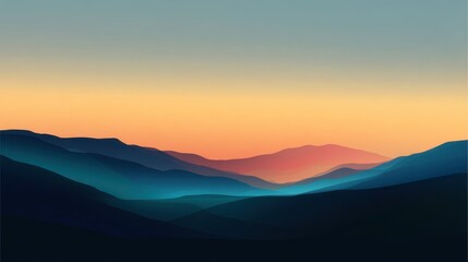 Fototapeta premium A serene illustration of a sunset over mountains with layered hills in gradient colors, evoking peace and tranquility in nature's beauty.