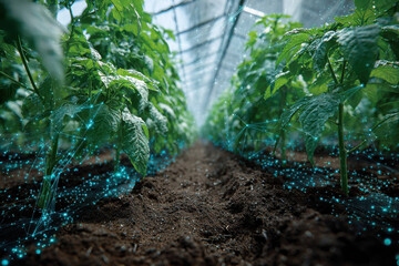 Young tomato plants are grown in a greenhouse using smart technology.