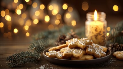 Homemade snowflake cookies with candlelight and holiday bokeh background