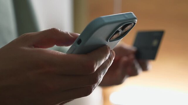 Money transfer from a bank card.
Transferring money to an e-wallet.
Topping up a mobile phone account and paying utility bills.
A person holding a phone and a credit card.