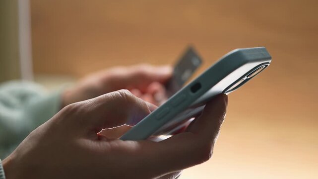 Money transfer from a bank card.
Transferring money to an e-wallet.
Topping up a mobile phone account and paying utility bills.
A person holding a phone and a credit card.