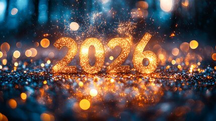 Glowing 2026 numbers with sparkling bokeh lights for new year celebration