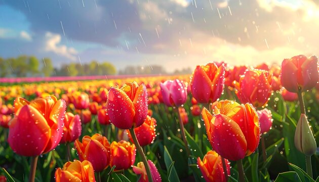 Field of vibrant tulips blooming under a sunny sky, gentle rain adding a touch of magic
