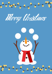 Vector Christmas postcard with a cheerful snowman juggling snowballs. Cute winter illustration with festive lights and ‘Merry Christmas’ lettering on blue background. Perfect for holiday greeting card