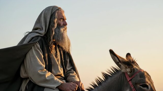 Old man with a beard riding a donkey at sunset, a scene resembling a biblical prophet from ancient times, video footage.