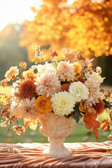 Elegant floral arrangement with autumn blooms in warm neutral and golden tones, set outdoors with soft sunlight and seasonal foliage