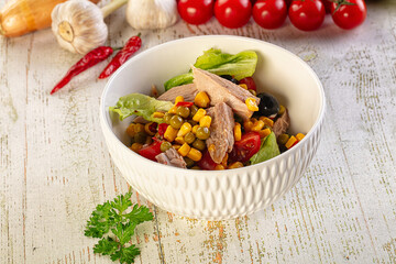 Dietary salad with canned tuna and corn