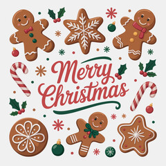 Merry christmas gingerbread cookies candy cane and holly for festive season design