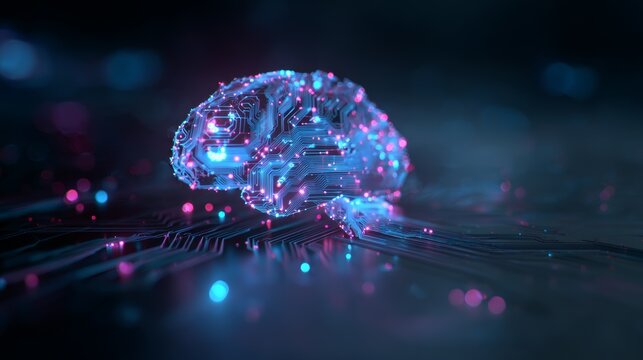 Digital brain visualization showcasing circuit patterns and particles in neon blue and pink colors with a high-tech abstract design - Powered by Adobe