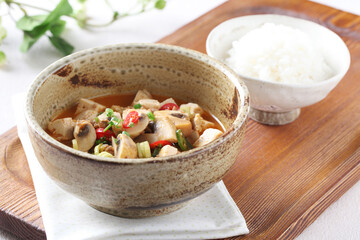 A traditional Korean-style stew made with mushrooms, tofu, and vegetables in a rich soybean paste broth. A comforting homemade dish created by Master Chef Hanshunseop. Photographed in Korea.