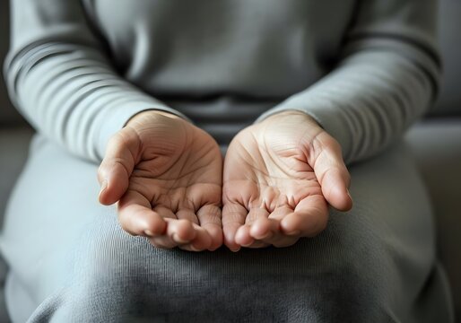 Woman practicing mindfulness with open hands in a gesture of calm acceptance.
