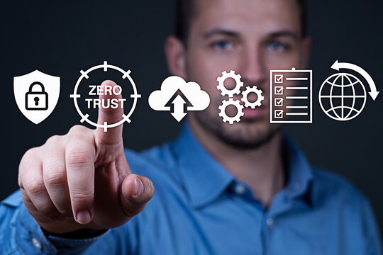 Man interacts with zero trust security icons including cloud computing data protection and global network showcasing cybersecurity solutions and modern technology integration
