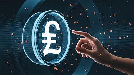Digital pound sterling currency symbol with a hand interacting on a dark blue background representing finance investment and modern technology in the global economy and digital transactions