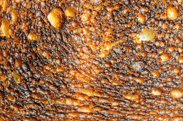 Close-up of toasted bread crust with a bubbly, textured surface
