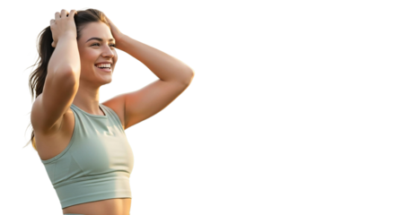 Happy woman with hands in hair isolated on transparent background