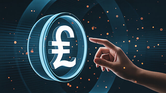 Digital pound sterling currency symbol with a hand interacting on a dark blue background representing finance investment and modern technology in the global economy and digital transactions