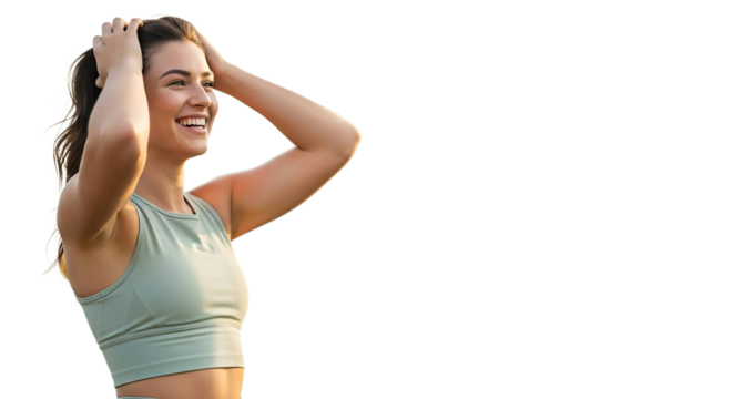 Happy woman with hands in hair isolated on transparent background