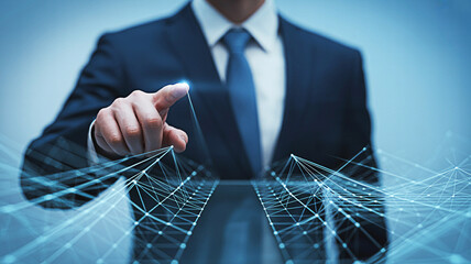 Businessman interacts with a digital network interface showcasing technology innovation and connectivity in a modern corporate environment highlighting data analysis and future trends in business