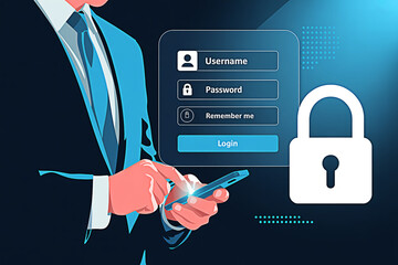 Man using a smartphone to access a login screen with username password and remember me options secured by a padlock emphasizing digital security and data protection online for mobile users
