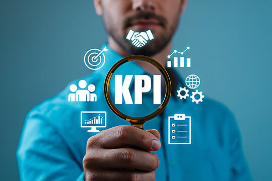 Man focuses on kpi with a magnifying glass surrounded by business icons representing teamwork goals data analysis and global strategy for achieving key performance indicators