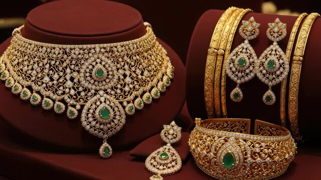 Exquisite gold and diamond jewelry set with emeralds on brown background