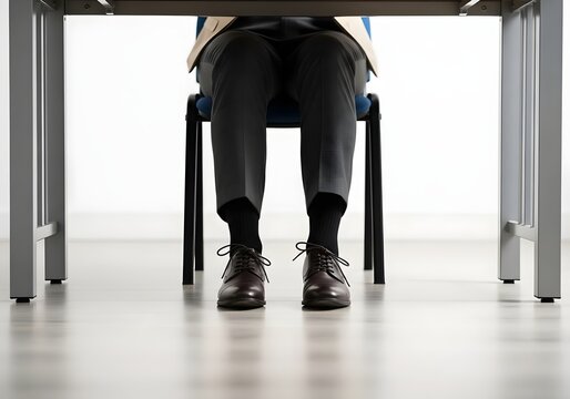 Businessman demonstrating correct sitting posture with feet flat on the floor for ergonomic health.
