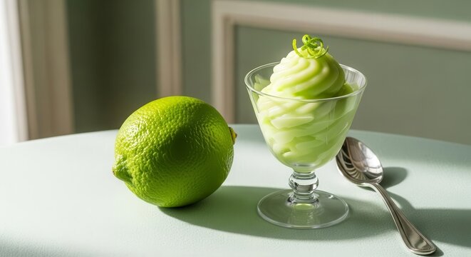 Fresh Lime Sorbet In Elegant Glass With Bright Fruit On The Minty Table