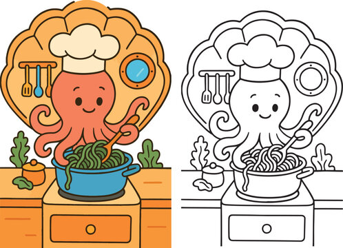 octopus chef cooking pasta in kitchen clip art preview