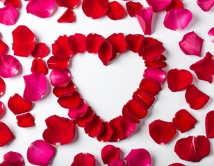 Heart Shape Formed by Romantic Red and Pink Rose Petals on White Background