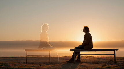 Obraz premium man sits on a bench facing the translucent figure of a woman, evoking themes of memory, loss, and emotional connection across time or reality