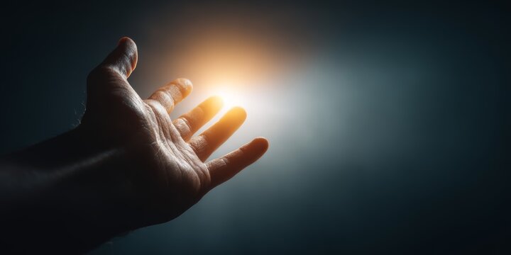 Hand reaches toward glowing light in dark studio to symbolize ambition and progress in personal development
