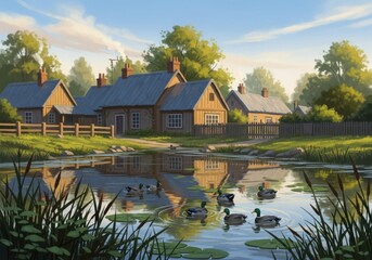 Farmhouse country scene with pond and ducks