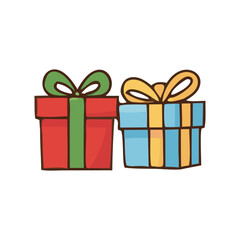 Cute Christmas gift boxes with colorful ribbons and bows in red, green, yellow and blue festive colors, kawaii style holiday illustration for winter greeting cards, stickers, and seasonal decoration d