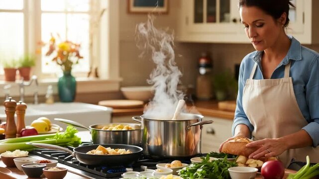 Woman cooking a thanksgiving meal in a home kitchen. Preparing ingredients, boiling and stir-frying food footage.