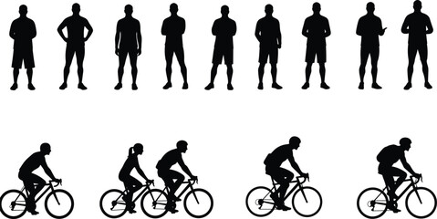 Human silhouettes, standing poses, cycling silhouettes, bicycle riders, posture icons, sports activity, body language, cyclist vector, fitness concept, people silhouette illustration