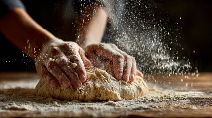 Hands kneading dough with flour dust in a natural light kitchen setting during afternoon time