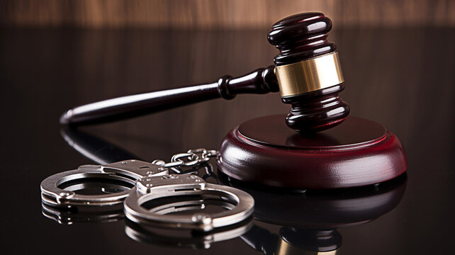 Gavel and handcuffs on a reflective surface symbolize law and order justice system legal proceedings and potential criminal consequences in a courtroom setting with dark wood background