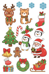 Naklejka premium Cute Christmas clipart bundle set featuring adorable holiday characters including Santa Claus holding gift bag, reindeer with glasses, orange cat with scarf, penguin with present, Christmas tree, stoc