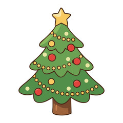 Cute decorated Christmas tree with yellow star, colorful ornaments, and garland in kawaii festive style clipart for winter holiday greeting cards.
