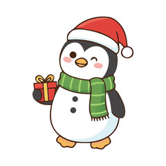 Cute penguin wearing green scarf and Santa hat holding a small gift box, adorable Christmas kawaii clipart for festive holiday cards and designs.