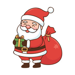 Cute Santa Claus carrying a big red sack of gifts and holding a present, cheerful kawaii Christmas illustration for greeting cards and festive designs.

