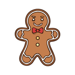 Cute gingerbread man cookie with red bow tie and icing decoration, kawaii Christmas sweet clipart for festive winter cards and bakery-themed designs.
