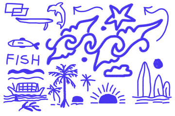 Summer vacation doodle elements collection for beach holiday design