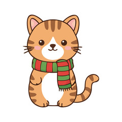 Cute orange cat wearing red and green scarf smiling in kawaii Christmas style clipart for greeting cards, cozy winter and holiday designs.