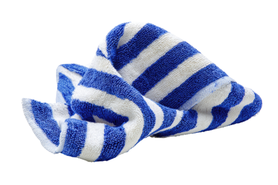 A crumpled, blue and white striped towel, angled to the right, against a black background. The towel's texture is visible - Powered by Adobe