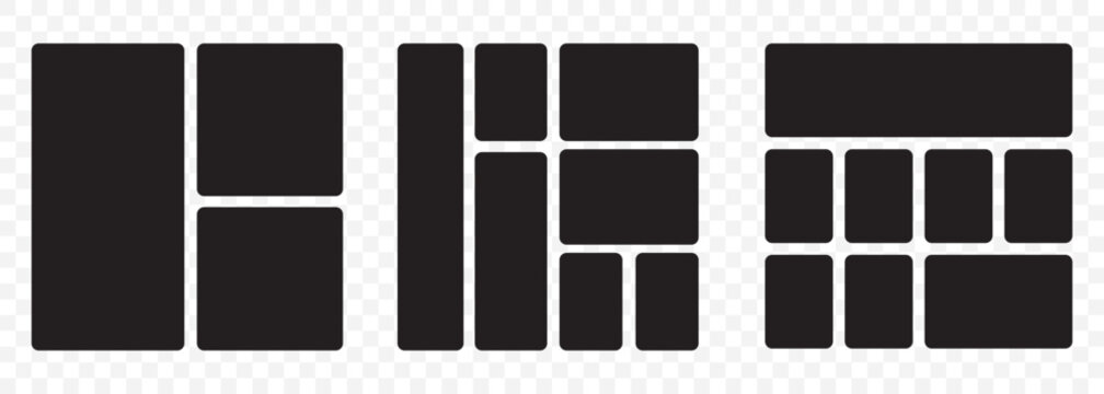 Bento grid vector vertical layouts. Geometric tiles pattern for photo collage, website layout, etc. Trendy tiling frames arrangements and presentation templates for social media. EPS 10.