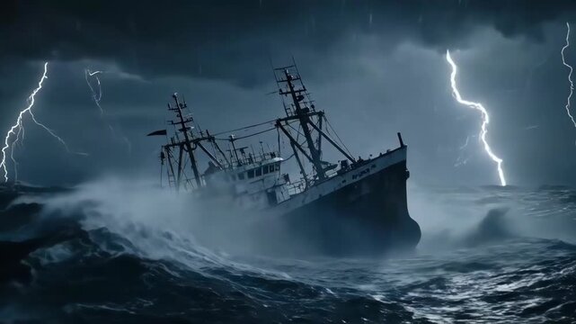 Vessel navigating stormy waters dramatic ocean scene dramatic lighting