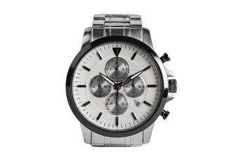 Close-up of a silver-toned wristwatch with a white face and chronograph sub-dials